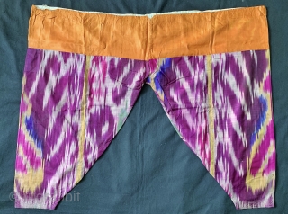 A rare complete antique Uzbek silk warp / silk weft atlas weave Ikat trousers dating to the 19th Century. This highly collectible ethnographic garment is attributed to the city of Bukhara. Such  ...