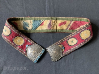 An elegant and fine antique Uzbek shahrisabz silk cross-stitched (iroqi stitched) belt with silver buckle and turquoise inlay. It dates to the 3rd quarter of the 19th century and it is an  ...