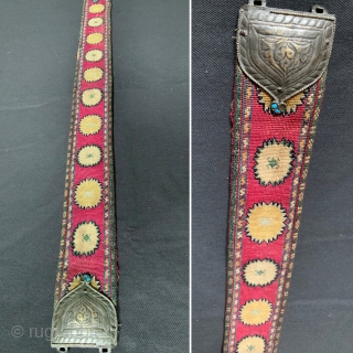 An elegant and fine antique Uzbek shahrisabz silk cross-stitched (iroqi stitched) belt with silver buckle and turquoise inlay. It dates to the 3rd quarter of the 19th century and it is an  ...