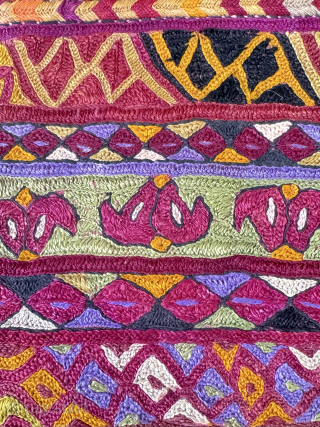 A visually dazzling Antique Turkoman / Turkmen Ersari tribe silk embroidered bag pouch dating to late 19th century - early 1900’s. It is a fully silk embroidered double-sided bag, very likely a  ...