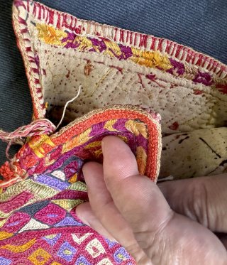 A visually dazzling Antique Turkoman / Turkmen Ersari tribe silk embroidered bag pouch dating to late 19th century - early 1900’s. It is a fully silk embroidered double-sided bag, very likely a  ...