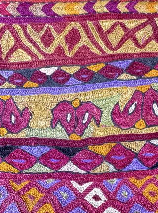 A visually dazzling Antique Turkoman / Turkmen Ersari tribe silk embroidered bag pouch dating to late 19th century - early 1900’s. It is a fully silk embroidered double-sided bag, very likely a  ...