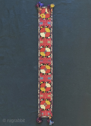 An excellent antique silk embroidered Uzbek belt from Shahrisabz ( Shakhrisabz / Shakhrisyabz ) region of Uzbekistan and dates to second half of 19th century. These types of belts were one of  ...