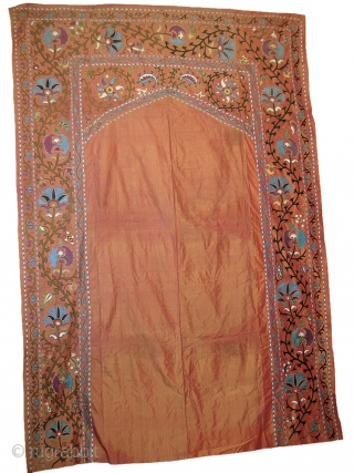 An Exceptional Antique Uzbek Silk on Silk Suzani / Susani from Shahrisabz which some wrongly associate to the Lakai group. On the rich silk ground there is fine chain-stitched silk embroidery .  ...