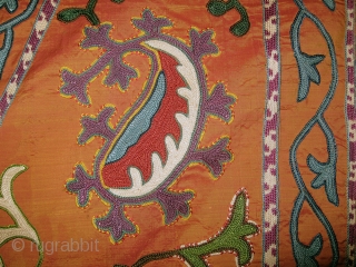 An Exceptional Antique Uzbek Silk on Silk Suzani / Susani from Shahrisabz which some wrongly associate to the Lakai group. On the rich silk ground there is fine chain-stitched silk embroidery .  ...