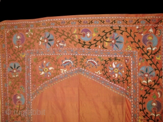 An Exceptional Antique Uzbek Silk on Silk Suzani / Susani from Shahrisabz which some wrongly associate to the Lakai group. On the rich silk ground there is fine chain-stitched silk embroidery .  ...