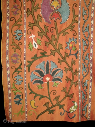 An Exceptional Antique Uzbek Silk on Silk Suzani / Susani from Shahrisabz which some wrongly associate to the Lakai group. On the rich silk ground there is fine chain-stitched silk embroidery .  ...