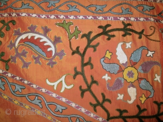 An Exceptional Antique Uzbek Silk on Silk Suzani / Susani from Shahrisabz which some wrongly associate to the Lakai group. On the rich silk ground there is fine chain-stitched silk embroidery .  ...