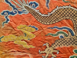 An important museum grade 17th century Imperial Chinese antique silk and gold brocade fragment of a dragon robe from Kangxi period of Qing / Tsing / Ching dynasty. Chinese Imperial dynasties spanned  ...