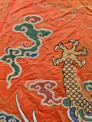 An important museum grade 17th century Imperial Chinese antique silk and gold brocade fragment of a dragon robe from Kangxi period of Qing / Tsing / Ching dynasty. Chinese Imperial dynasties spanned  ...