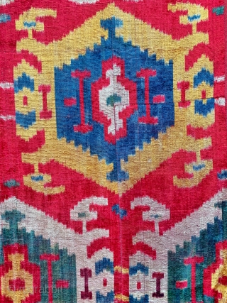 An exceptional museum grade antique Uzbek silk velvet / Bakhmal Ikat fragment dating to the mid 19th century Bukhara. Silk velvet Ikats are some of the most coveted of all Central Asian  ...