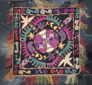 An unusual and very attractive Antique Uzbek lakai Tribe silk embroidered ilgich hanging. This fine chain-stitched silk embroidered on black cotton dates to early 1900s and has a very unusual design with  ...