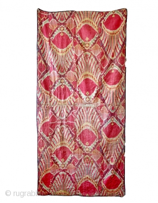 An outstanding and rare antique Uzbek silk adras Ikat hanging from Bukhara / Bokhara, dating to the mid 19th century. This very early example is a silk warp and cotton weft Ikat  ...