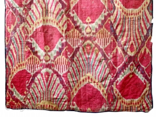 An outstanding and rare antique Uzbek silk adras Ikat hanging from Bukhara / Bokhara, dating to the mid 19th century. This very early example is a silk warp and cotton weft Ikat  ...