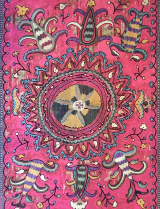 A vibrant Antique Uzbek Silk on Silk Suzani / Susani from Shahrisabz dating to the late 19th century. Often these are mis attributed to the lakai tribe when in fact they are  ...