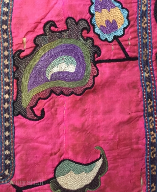 A vibrant Antique Uzbek Silk on Silk Suzani / Susani from Shahrisabz dating to the late 19th century. Often these are mis attributed to the lakai tribe when in fact they are  ...