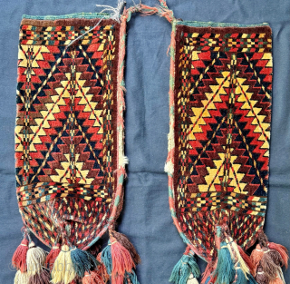 A fine pair of antique Turkoman / Turkmen Ok-bash (Covers for tent pole ends during migration), made by the Yomud tribe during the 19th century. Nice examples of Ok bash is rare  ...