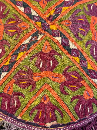 A rare and visually dazzling Antique Turkoman / Turkmen Ersari tribe silk embroidered pillow dating to late 19th century. It is a fully silk embroidered, very likely a dowry piece. The design ...