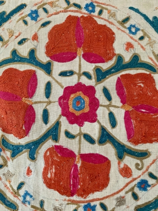 A beautiful antique Uzbek silk suzani from 19th century Bukhara. Boasting a rich floral field design with an array of palmettes, interspersed with vines and smaller floral repertoires. The borders have large  ...