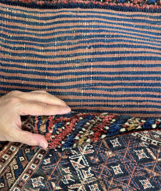 A lovely antique Luri Bakhtiari (?) Khorjin / Saddle bag. Probably dates to late 19th century / early 1900’s. Very nice weaving with soumac flat weave face, pile on the ends and  ...
