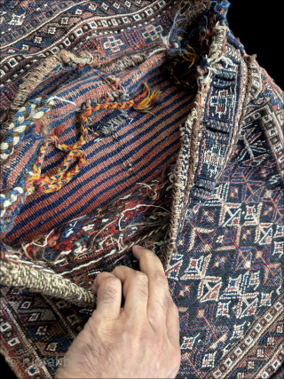 A lovely antique Luri Bakhtiari (?) Khorjin / Saddle bag. Probably dates to late 19th century / early 1900’s. Very nice weaving with soumac flat weave face, pile on the ends and  ...