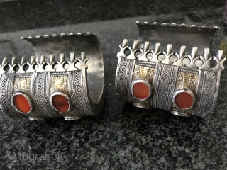 A very rare pair of antique 19th century Turkoman / Turkmen ( Yomud / Yomut tribe ) Turkoman Bridal bracelets known as Bilarziks. Among Turkoman jewellery collection, such genuine antique  Yomud  ...