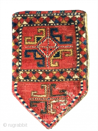 An Excellent antique Uzbek pile woven Uut kap bag. These are a bit like the shield shape Lakai embroideries, except they are pile bag with flatwoven backside. They were very likely bridal  ...