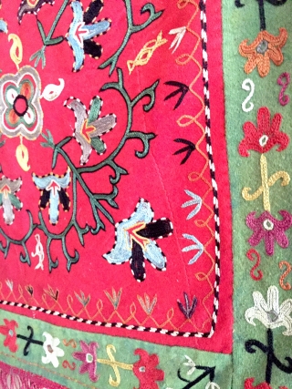 A beautiful Antique Uzbek Silk Suzani Embroidered ilgich hanging. It dates to the 19th century and while assessing its aesthetics one can assume it is the work of the Lakai Uzbek tribes  ...