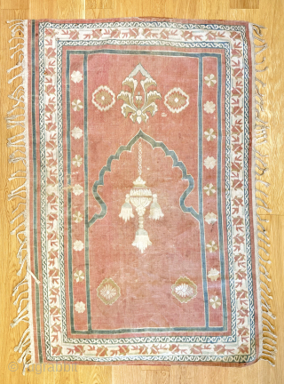 A very rare example of an Antique Indian Jainamaz Dhurry / Dhurrie Rug dating to 1910. This particular example was made in Deccan and i have seen only four or five examples  ...