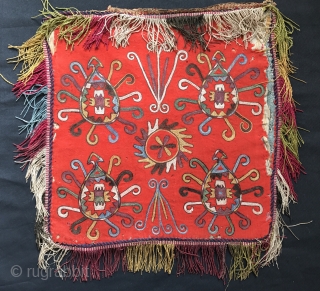 A rare antique Uzbek Lakai Tribe silk embroidered Ilgich / Ayna Khalta hanging dating to the last quarter of 19th century. This beautiful example has a very unique design with four motifs  ...