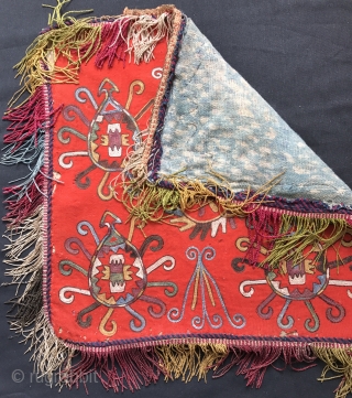 A rare antique Uzbek Lakai Tribe silk embroidered Ilgich / Ayna Khalta hanging dating to the last quarter of 19th century. This beautiful example has a very unique design with four motifs  ...