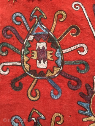 A rare antique Uzbek Lakai Tribe silk embroidered Ilgich / Ayna Khalta hanging dating to the last quarter of 19th century. This beautiful example has a very unique design with four motifs  ...