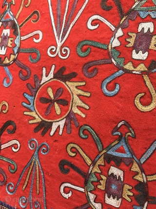 A rare antique Uzbek Lakai Tribe silk embroidered Ilgich / Ayna Khalta hanging dating to the last quarter of 19th century. This beautiful example has a very unique design with four motifs  ...