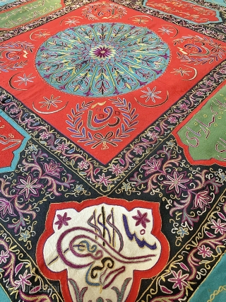 A magnificent antique Persian Resht / Rasht inscribed silk embroidery. Dating to 19th century Qajar era, it is chain-stitched silk embroidered on a red wool ground. Resht embroideries are some of the  ...