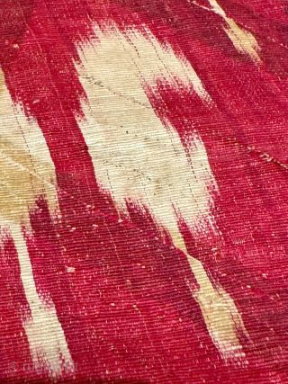 A magnificent antique silk warp / cotton weft Adras early Ikat fragment hanging from Bukhara. While it looks like a piece of modern art, it actually dates around mid 19th century. A  ...