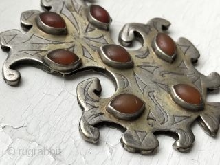 A very fine example of Antique Tekke Turkoman / Turkmen gold painted silver pendant with carnelian insets. Dating to the 19th century these intricately shaped bridal jewellery are known as Gulbaqa (literally  ...