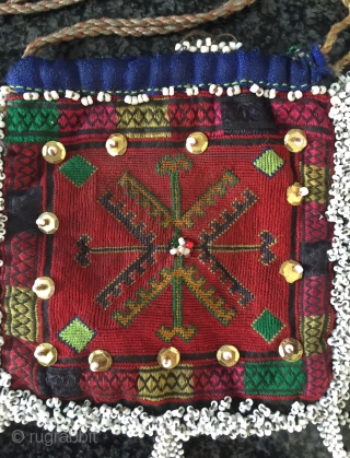 Another  beautiful antique silk embroidered and glass bead woven Central Asian bag from Nuristan region of Afghanistan. Ethnographic arts of Nuristan (be it textiles or wood artefacts) are very distinct in  ...