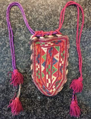 A very rare antique Turkmen / Turkmen silk bag made by the Yomud confederation tribes. This exceptional example dates to the 19th century and a very colourful example. The fine silk chain  ...