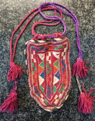 A very rare antique Turkmen / Turkmen silk bag made by the Yomud confederation tribes. This exceptional example dates to the 19th century and a very colourful example. The fine silk chain  ...