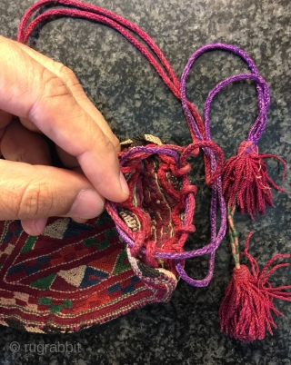 A very rare antique Turkmen / Turkmen silk bag made by the Yomud confederation tribes. This exceptional example dates to the 19th century and a very colourful example. The fine silk chain  ...