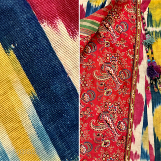 An elegant Antique Uzbek Ikat Robe Chapan  from Bokhara / Bukhara. It is an adras Ikat (silk warp/cotton weft) from early third quarter of the19th Century. The design is relatively unique  ...