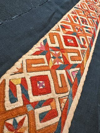 A very rare antique Tekke Turkoman silk embroidered white Chyrpy collar. Chyrpy is the cloak worn by Tekke and Saryk tribes of Turkmen women as cloaks over their heads with false sleeves  ...