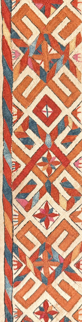 A very rare antique Tekke Turkoman silk embroidered white Chyrpy collar. Chyrpy is the cloak worn by Tekke and Saryk tribes of Turkmen women as cloaks over their heads with false sleeves  ...