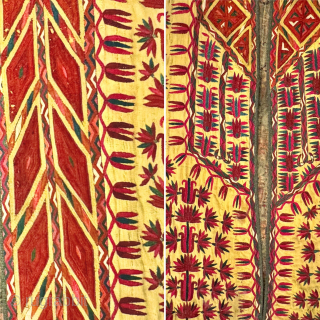 An outstanding and very rare published antique Tekke Turkoman / Turkmen silk embroidered on silk yellow Chyrpy ( Cherpi / Chirpi / Chyrpi ), dating to the second half of 19th Century.  ...