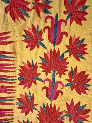 An outstanding and very rare published antique Tekke Turkoman / Turkmen silk embroidered on silk yellow Chyrpy ( Cherpi / Chirpi / Chyrpi ), dating to the second half of 19th Century.  ...