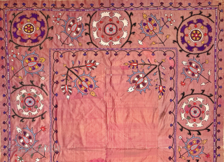 An excellent Antique Uzbek Silk on crimson / orange ground Silk Suzani / Susani from Shahrisabz region dating to late 19th Century. Some wrongly attribute these types to Lakai group. The fine  ...