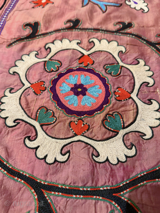 An excellent Antique Uzbek Silk on crimson / orange ground Silk Suzani / Susani from Shahrisabz region dating to late 19th Century. Some wrongly attribute these types to Lakai group. The fine  ...