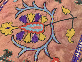 An excellent Antique Uzbek Silk on crimson / orange ground Silk Suzani / Susani from Shahrisabz region dating to late 19th Century. Some wrongly attribute these types to Lakai group. The fine  ...