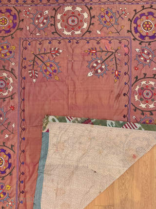 An excellent Antique Uzbek Silk on crimson / orange ground Silk Suzani / Susani from Shahrisabz region dating to late 19th Century. Some wrongly attribute these types to Lakai group. The fine  ...