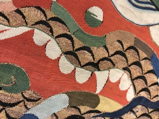 A museum grade and very rare Antique imperial 17th century Chinese Ming dynasty dragon golf and silk Kesi fragment. This is one of the rarest type of textile One can find. The  ...